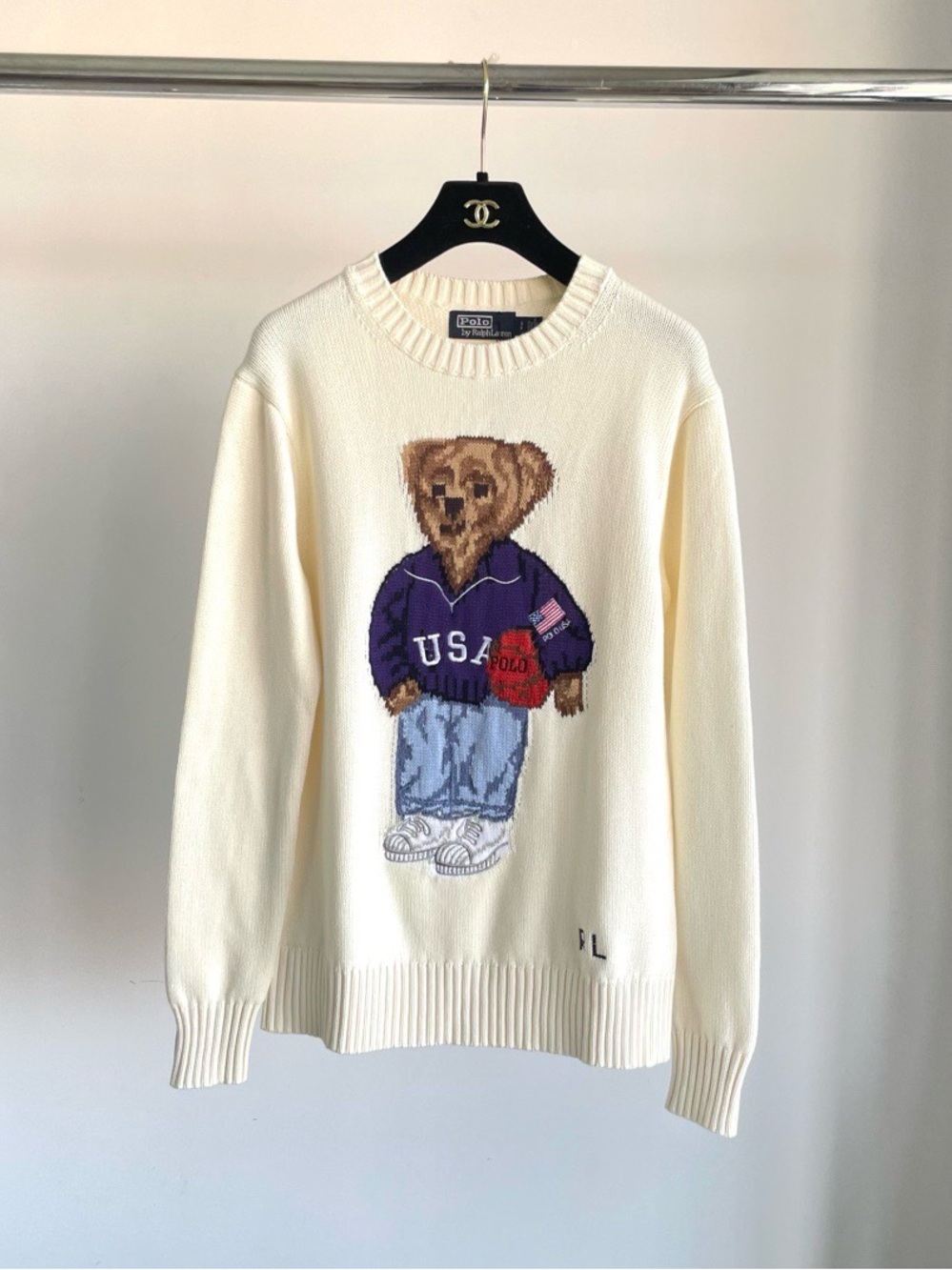 Polo by Ralph Lauren Cream Crewneck Sweater with Bear in Purple Jacket